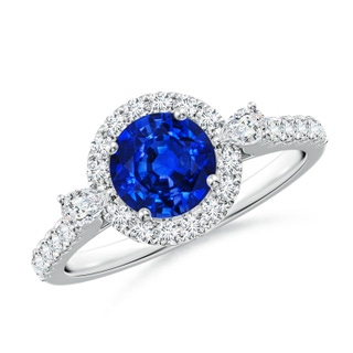 6.5mm AAAA Round Blue Sapphire Halo Side Stone Engagement Ring in P950 Platinum