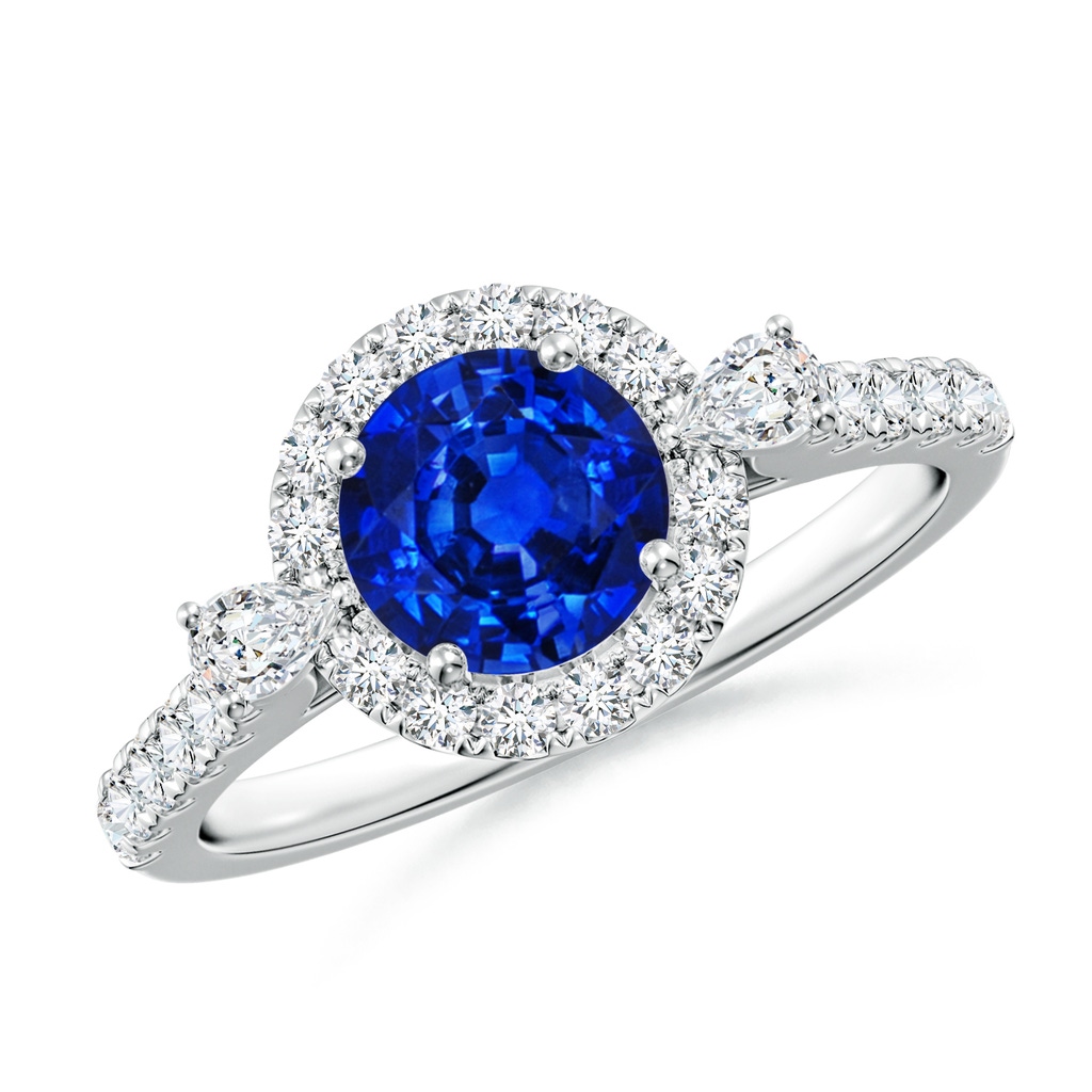 6.5mm Lab-Grown Round Blue Sapphire Halo Side Stone Engagement Ring in White Gold