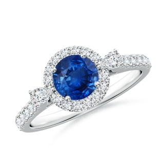 6mm AAA Round Blue Sapphire Halo Side Stone Engagement Ring in White Gold