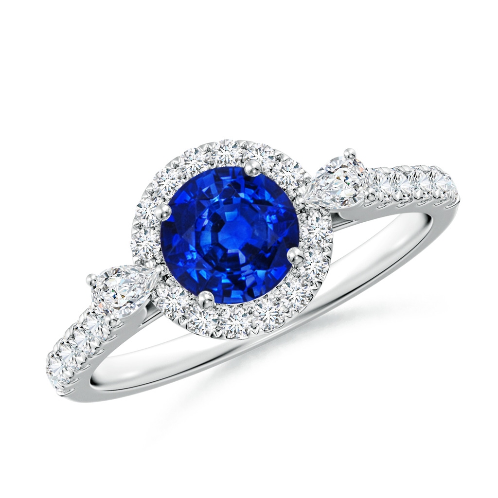 6mm AAAA Round Blue Sapphire Halo Side Stone Engagement Ring in White Gold 