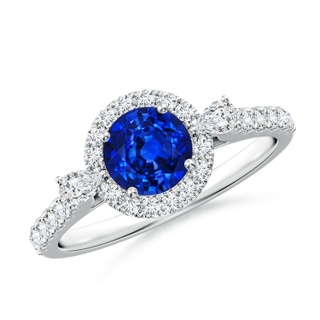 6mm AAAA Round Blue Sapphire Halo Side Stone Engagement Ring in White Gold