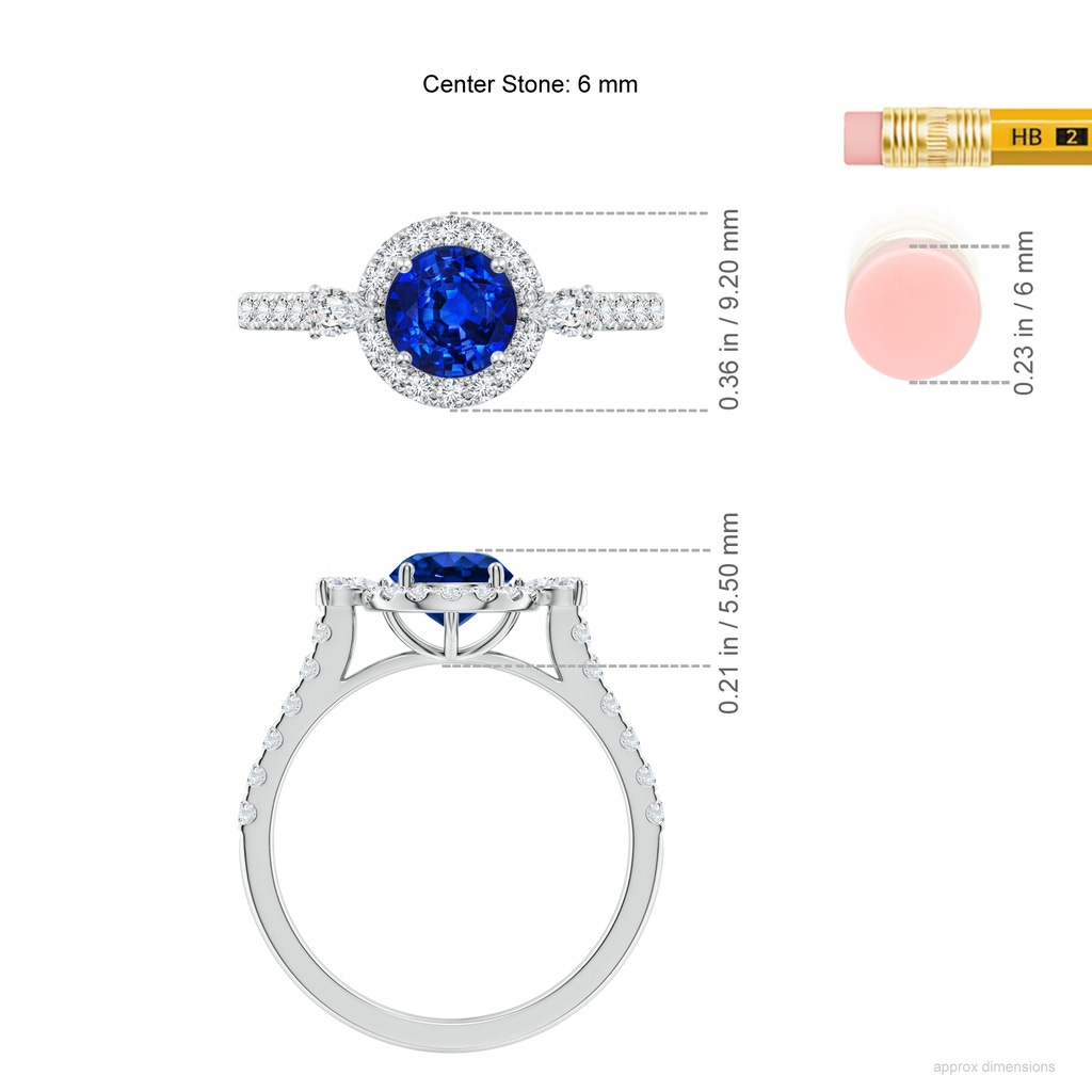 6mm AAAA Round Blue Sapphire Halo Side Stone Engagement Ring in White Gold ruler