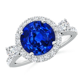 9mm AAAA Round Blue Sapphire Halo Side Stone Engagement Ring in P950 Platinum