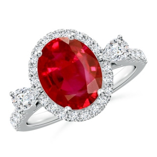 10x8mm AAA Oval Ruby Halo Side Stone Engagement Ring in P950 Platinum