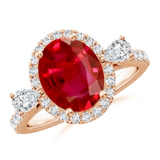 10x8mm AAA Oval Ruby Halo Side Stone Engagement Ring in Rose Gold