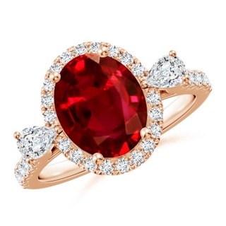 10x8mm AAAA Oval Ruby Halo Side Stone Engagement Ring in Rose Gold