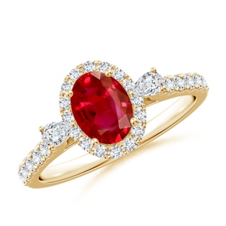 7x5mm AAA Oval Ruby Halo Side Stone Engagement Ring in Yellow Gold