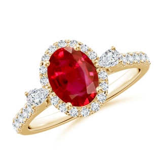 8x6mm AAA Oval Ruby Halo Side Stone Engagement Ring in Yellow Gold