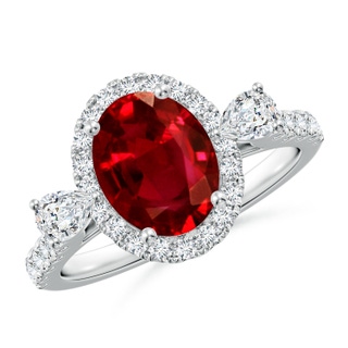 9x7mm AAAA Oval Ruby Halo Side Stone Engagement Ring in P950 Platinum