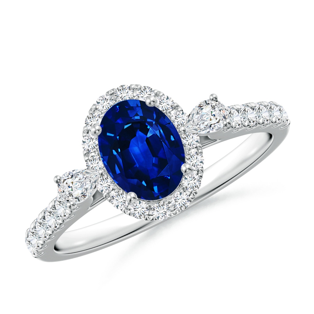 7x5mm Lab-Grown Oval Blue Sapphire Halo Side Stone Engagement Ring in White Gold