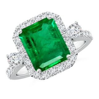 10x8mm AAA Emerald-Cut Emerald Halo Side Stone Engagement Ring in P950 Platinum