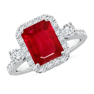 9x7mm AAA Emerald-Cut Ruby Halo Side Stone Engagement Ring in P950 Platinum