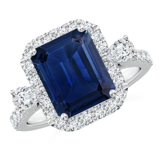 10x8mm AAA Emerald-Cut Blue Sapphire Halo Side Stone Engagement Ring in P950 Platinum