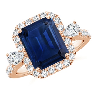 10x8mm AAA Emerald-Cut Blue Sapphire Halo Side Stone Engagement Ring in Rose Gold