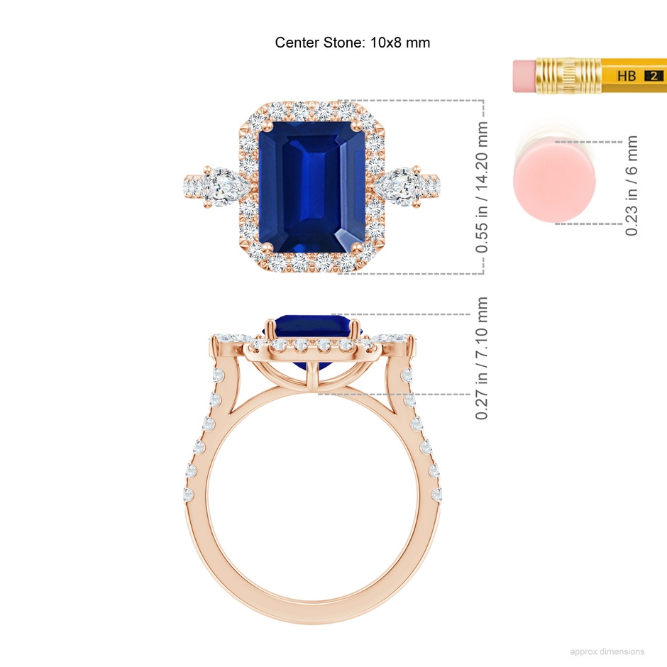 10x8mm Lab-Grown Emerald-Cut Blue Sapphire Halo Side Stone Engagement Ring in Rose Gold ruler
