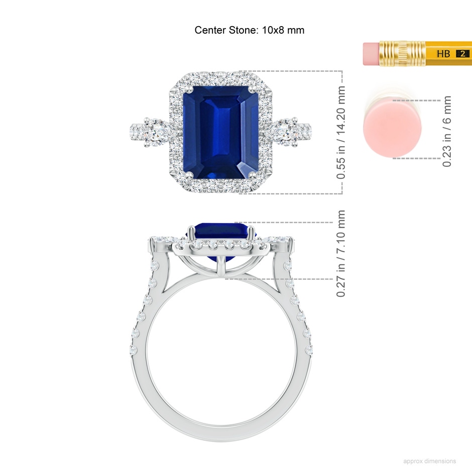 10x8mm Lab-Grown Emerald-Cut Blue Sapphire Halo Side Stone Engagement Ring in White Gold ruler