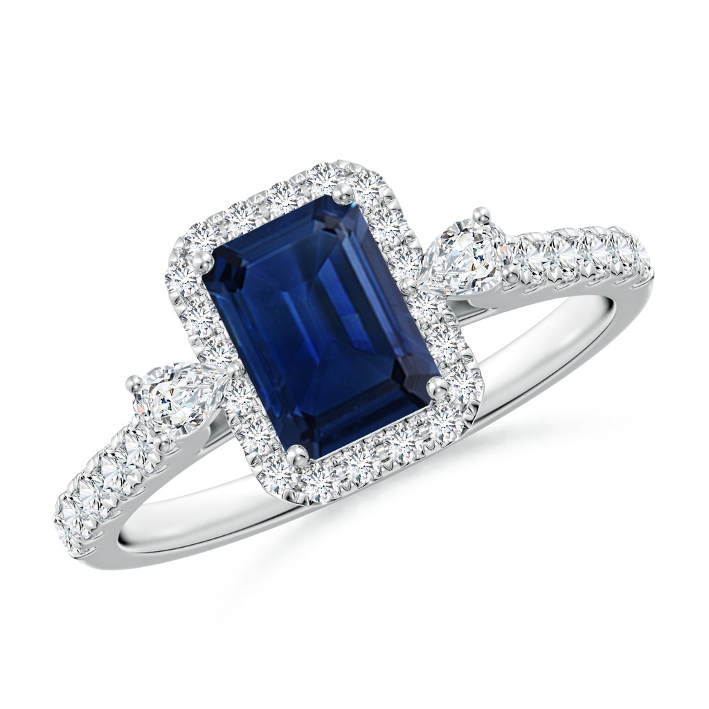 7x5mm AAA Emerald-Cut Blue Sapphire Halo Side Stone Engagement Ring in 18K White Gold