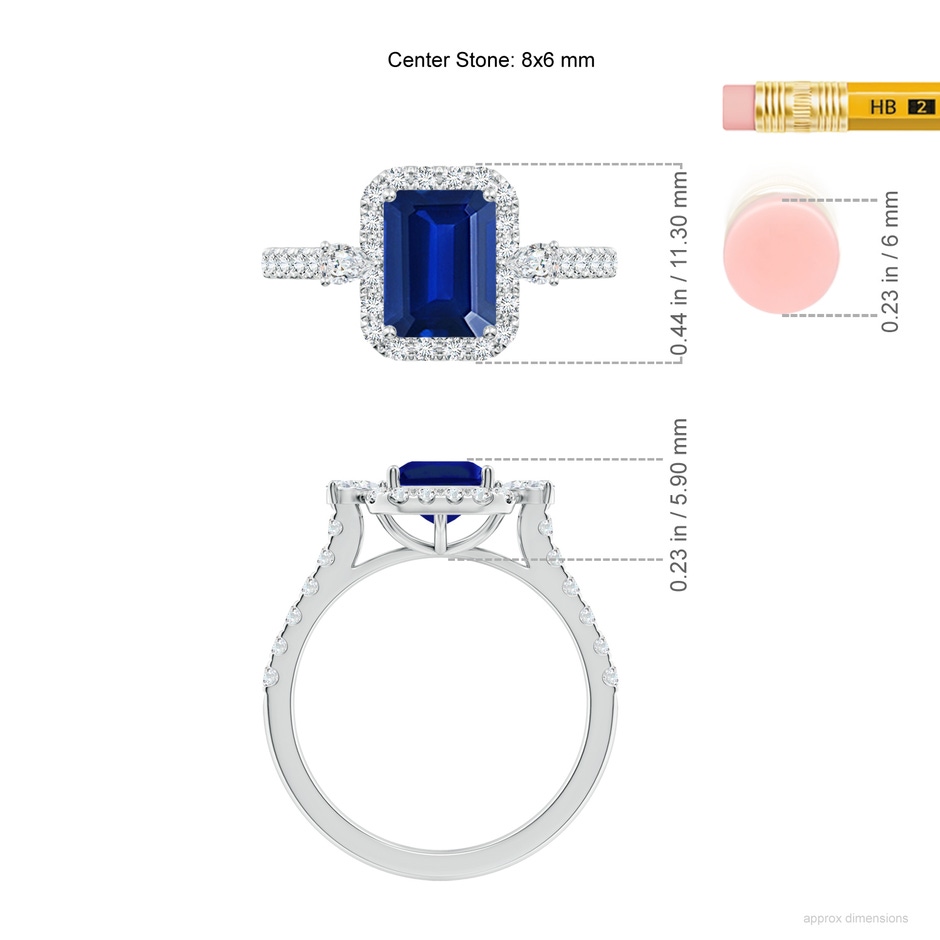 8x6mm Lab-Grown Emerald-Cut Blue Sapphire Halo Side Stone Engagement Ring in White Gold ruler