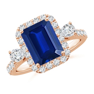 9x7mm AAAA Emerald-Cut Blue Sapphire Halo Side Stone Engagement Ring in 9K Rose Gold