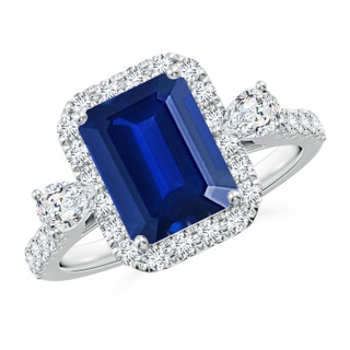 9x7mm AAAA Emerald-Cut Blue Sapphire Halo Side Stone Engagement Ring in P950 Platinum