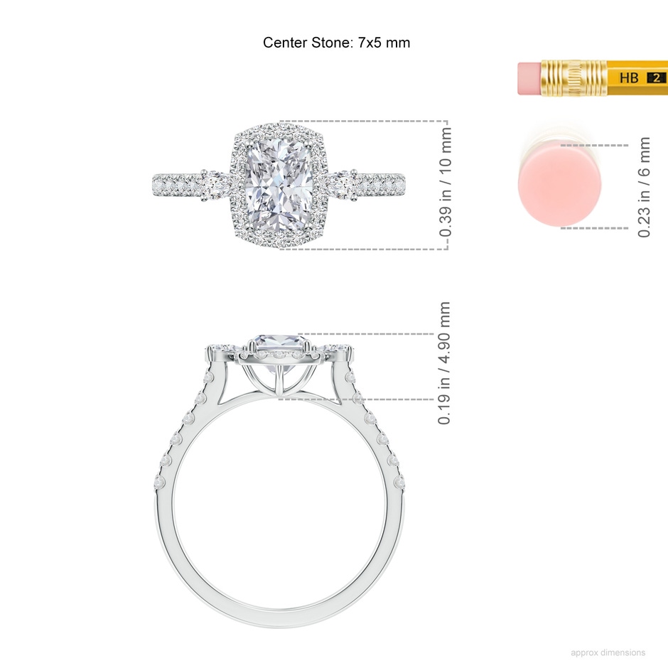 7x5mm HSI2 Cushion Rectangular Diamond Halo Side Stone Engagement Ring in White Gold ruler