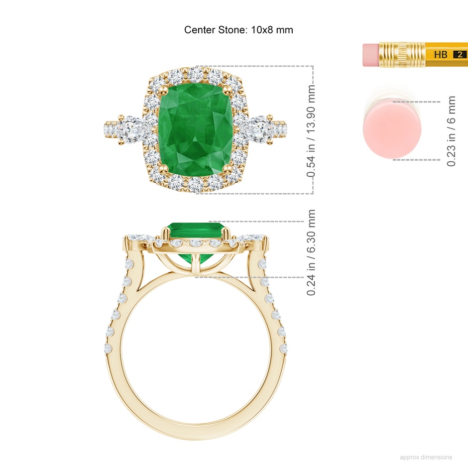 10x8mm A Cushion Rectangular Emerald Halo Side Stone Engagement Ring in Yellow Gold ruler