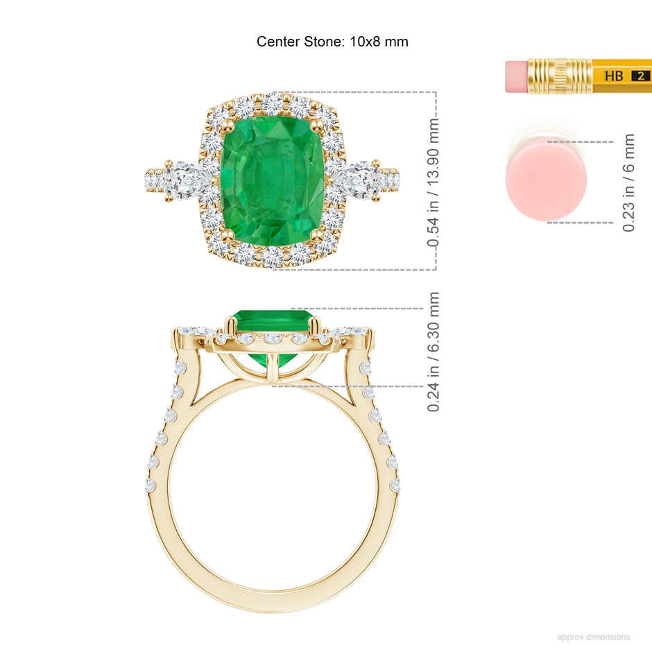 10x8mm AA Cushion Rectangular Emerald Halo Side Stone Engagement Ring in Yellow Gold ruler