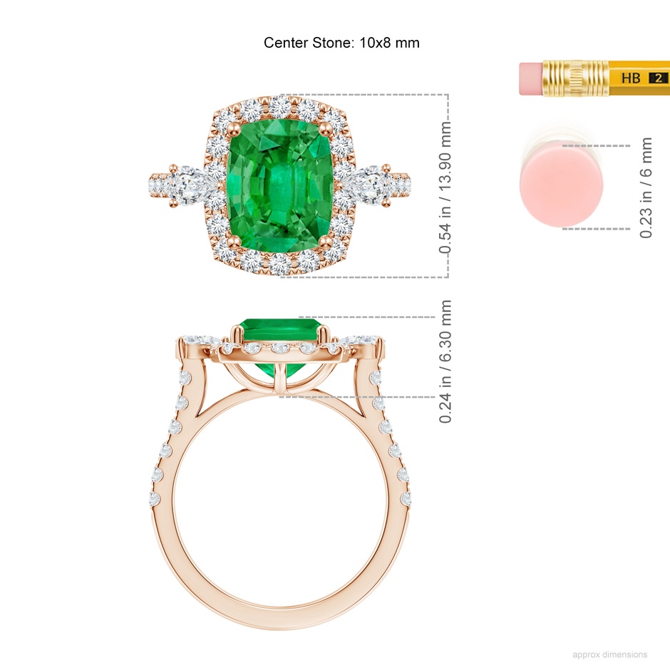 10x8mm AAA Cushion Rectangular Emerald Halo Side Stone Engagement Ring in 18K Rose Gold ruler