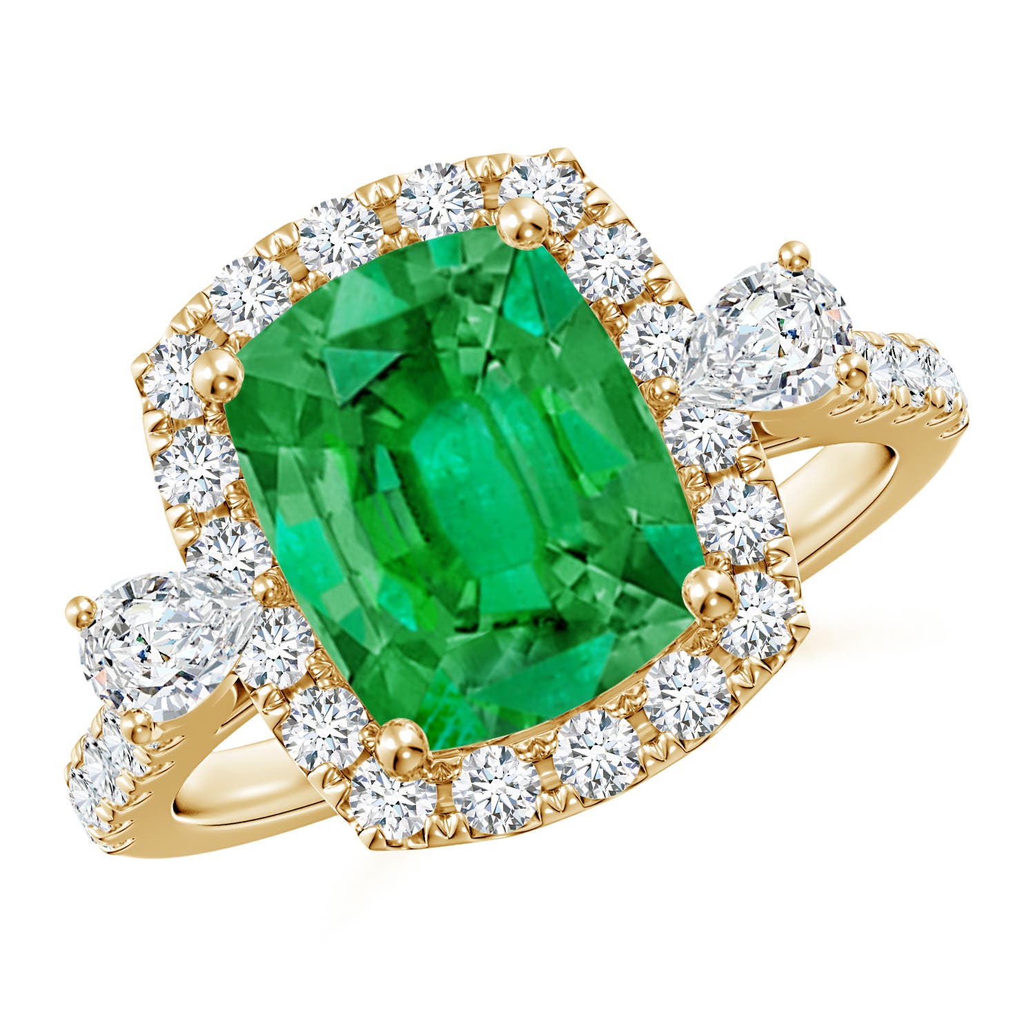 10x8mm AAA Cushion Rectangular Emerald Halo Side Stone Engagement Ring in Yellow Gold