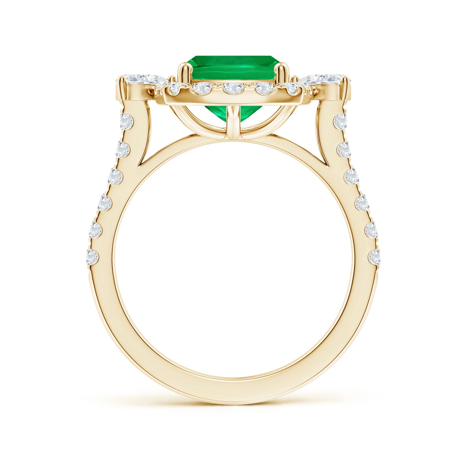 10x8mm AAA Cushion Rectangular Emerald Halo Side Stone Engagement Ring in Yellow Gold