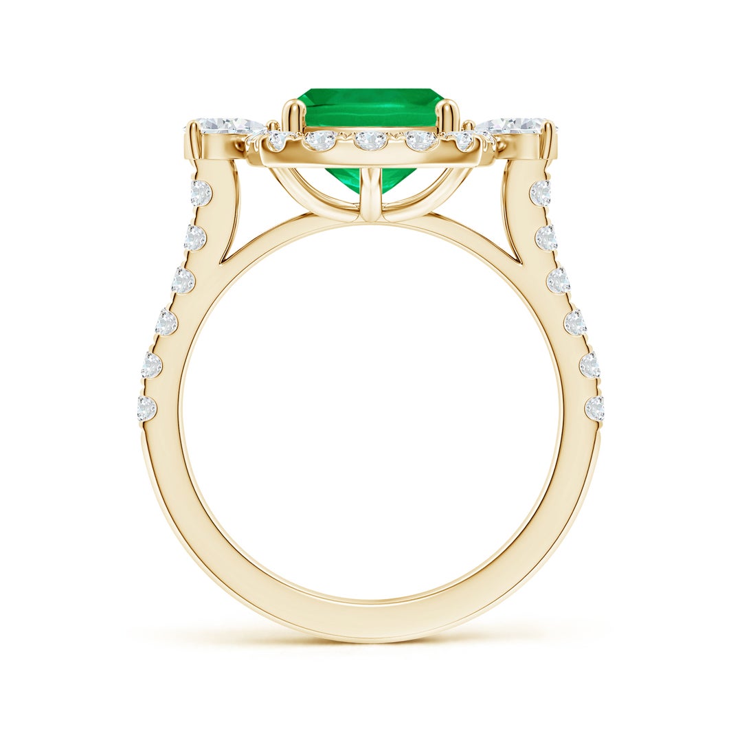 10x8mm AAA Cushion Rectangular Emerald Halo Side Stone Engagement Ring in Yellow Gold - side 2