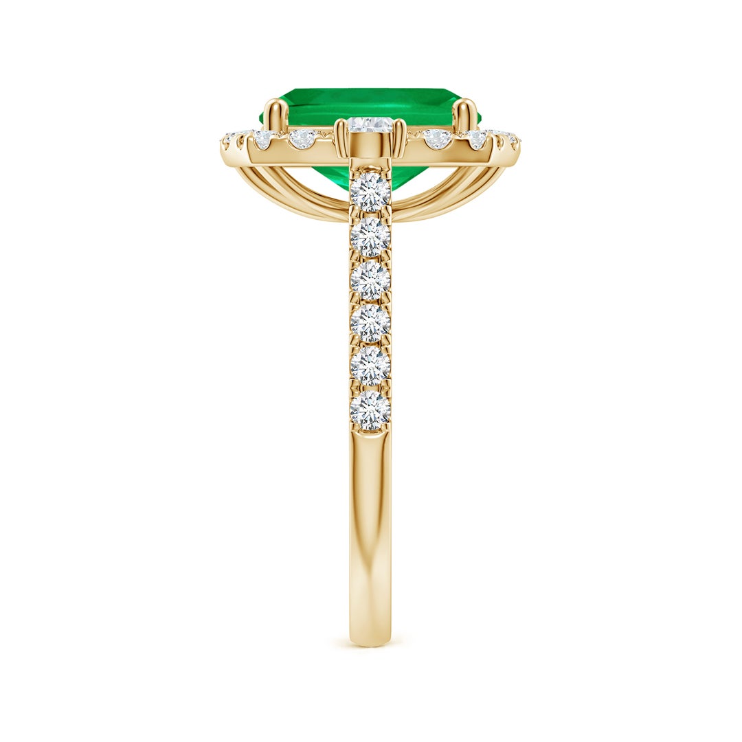 10x8mm AAA Cushion Rectangular Emerald Halo Side Stone Engagement Ring in Yellow Gold - side 3