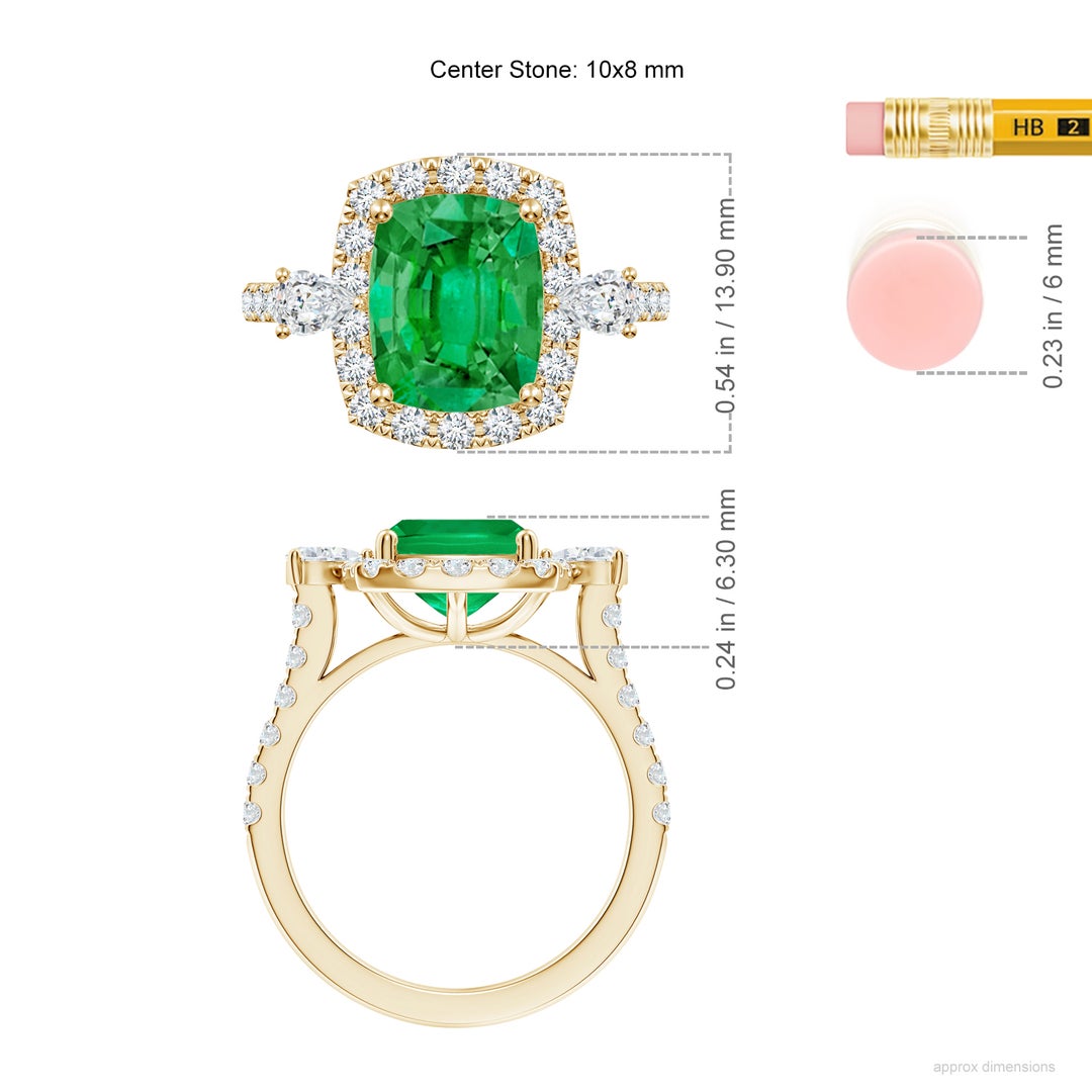 10x8mm AAA Cushion Rectangular Emerald Halo Side Stone Engagement Ring in Yellow Gold - ruler