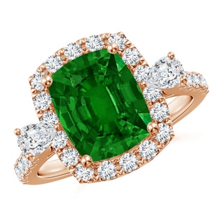 10x8mm AAAA Cushion Rectangular Emerald Halo Side Stone Engagement Ring in 10K Rose Gold