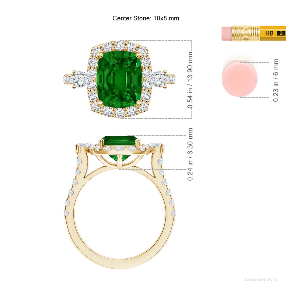 10x8mm AAAA Cushion Rectangular Emerald Halo Side Stone Engagement Ring in Yellow Gold ruler