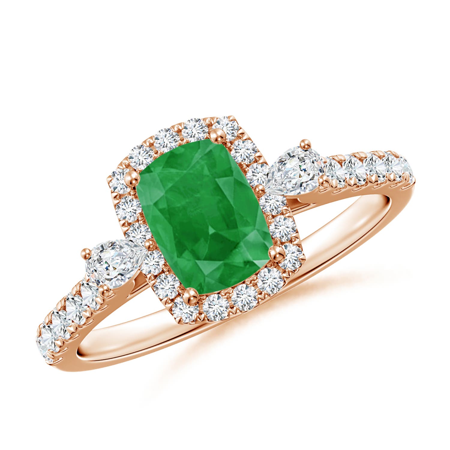 7x5mm A Cushion Rectangular Emerald Halo Side Stone Engagement Ring in Rose Gold