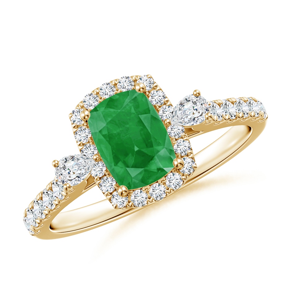 7x5mm A Cushion Rectangular Emerald Halo Side Stone Engagement Ring in Yellow Gold 