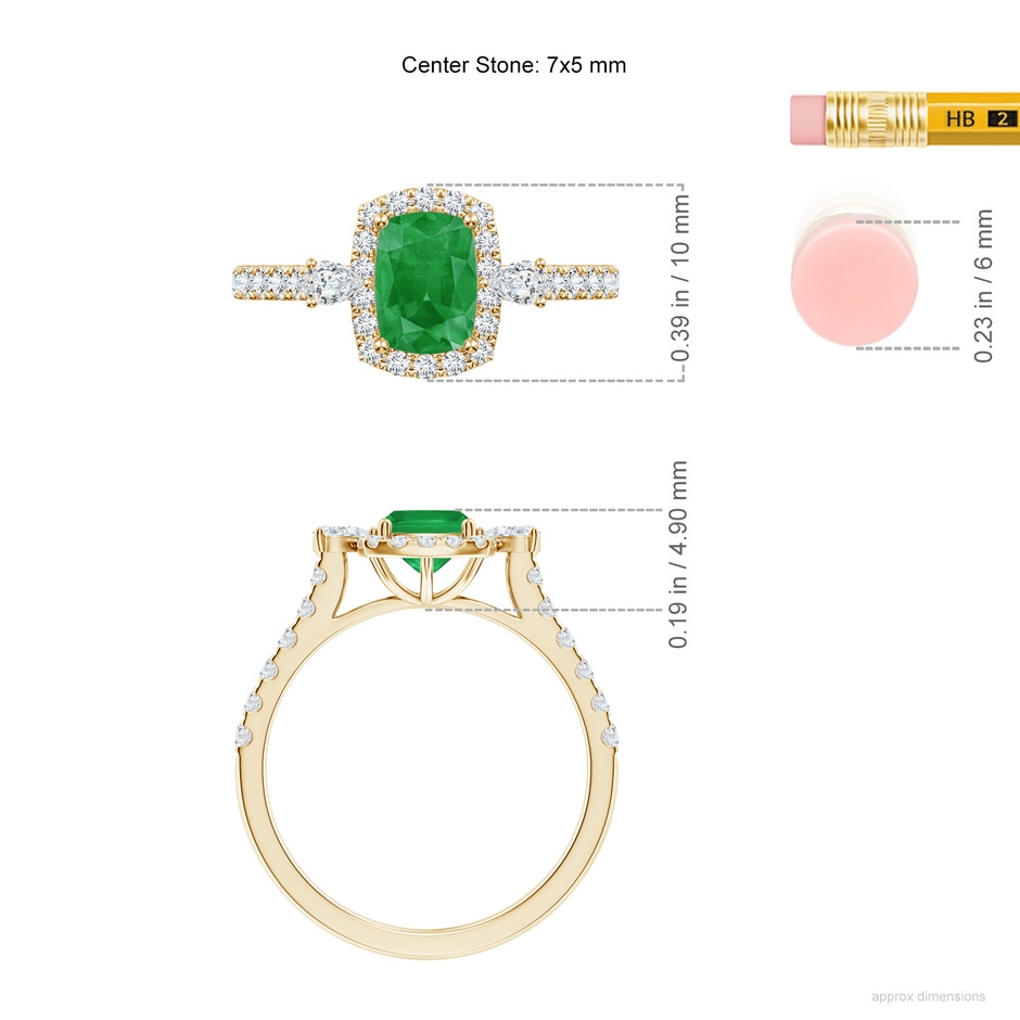 7x5mm A Cushion Rectangular Emerald Halo Side Stone Engagement Ring in Yellow Gold ruler