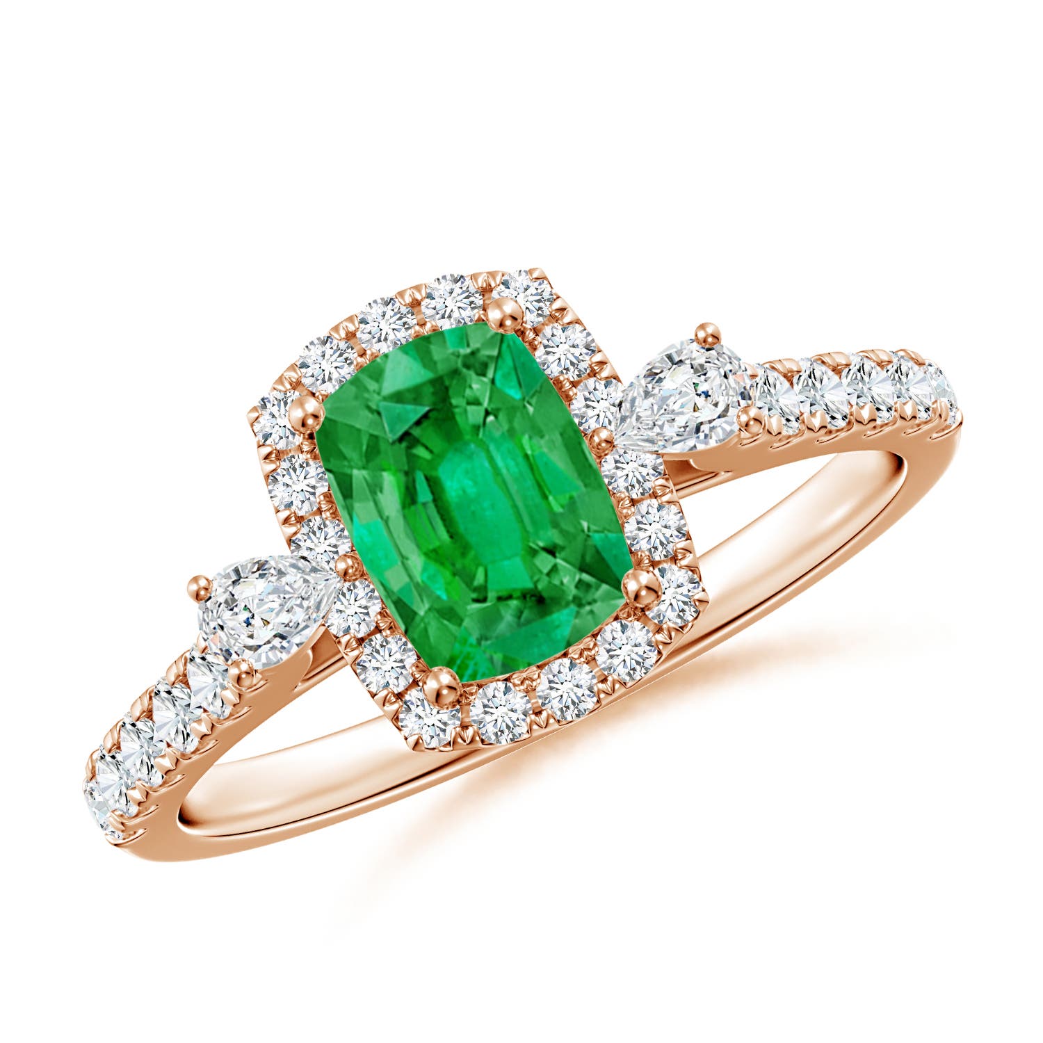 7x5mm AAA Cushion Rectangular Emerald Halo Side Stone Engagement Ring in Rose Gold