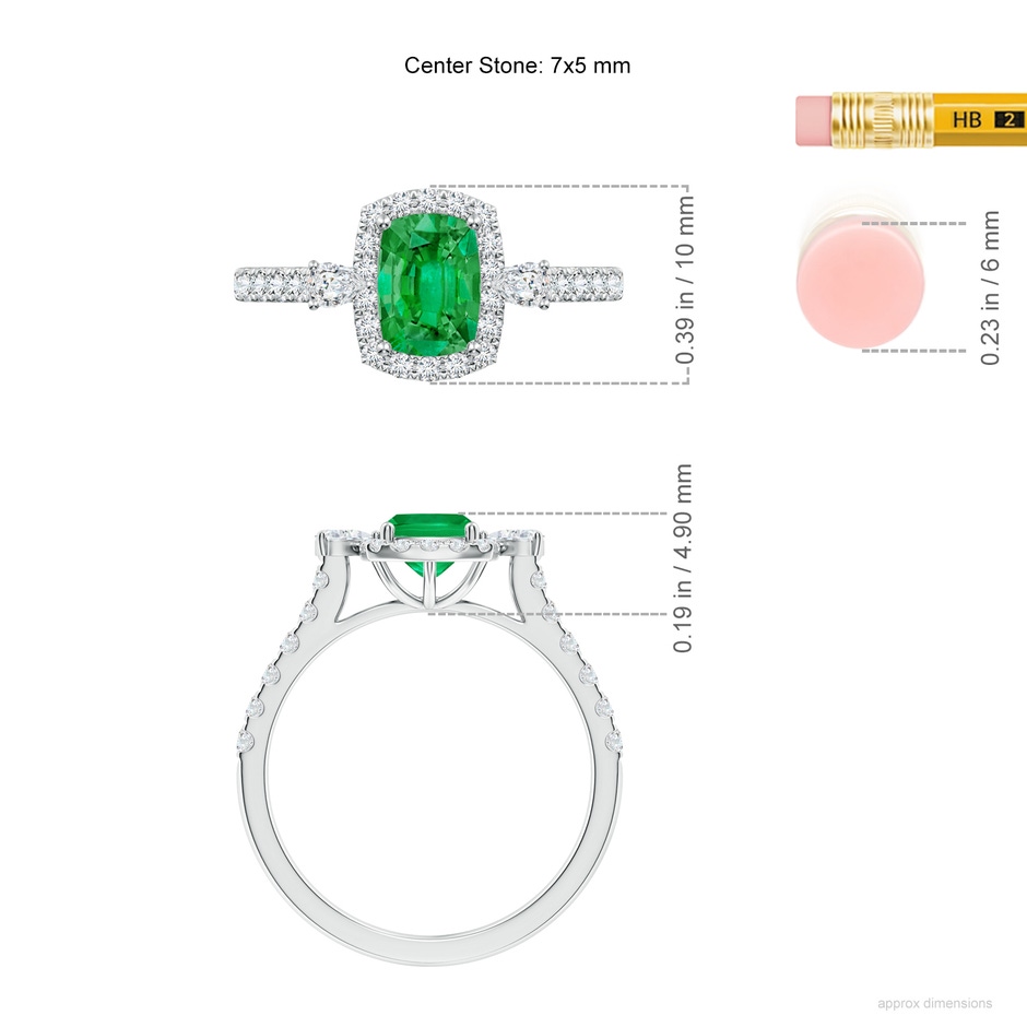 7x5mm AAA Cushion Rectangular Emerald Halo Side Stone Engagement Ring in White Gold ruler