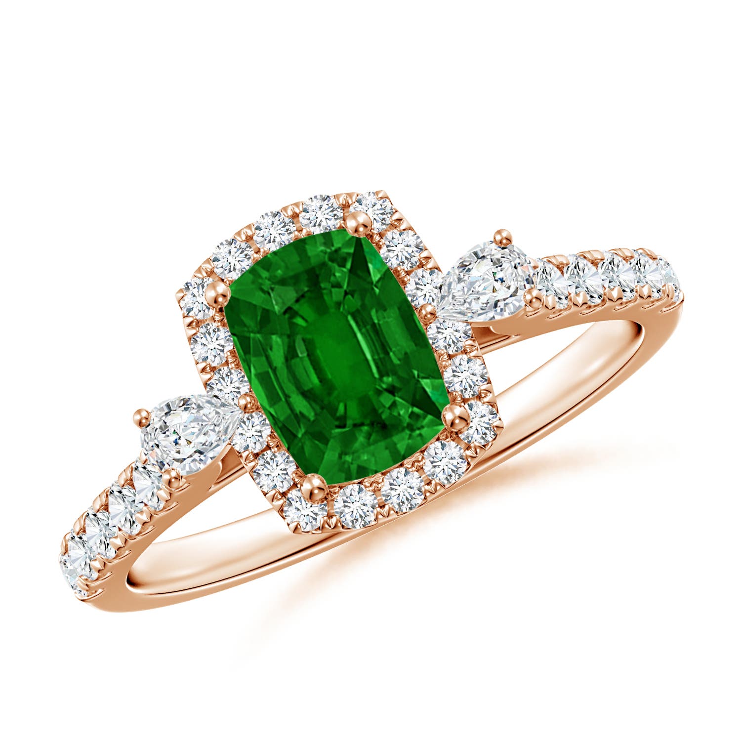7x5mm AAAA Cushion Rectangular Emerald Halo Side Stone Engagement Ring in Rose Gold