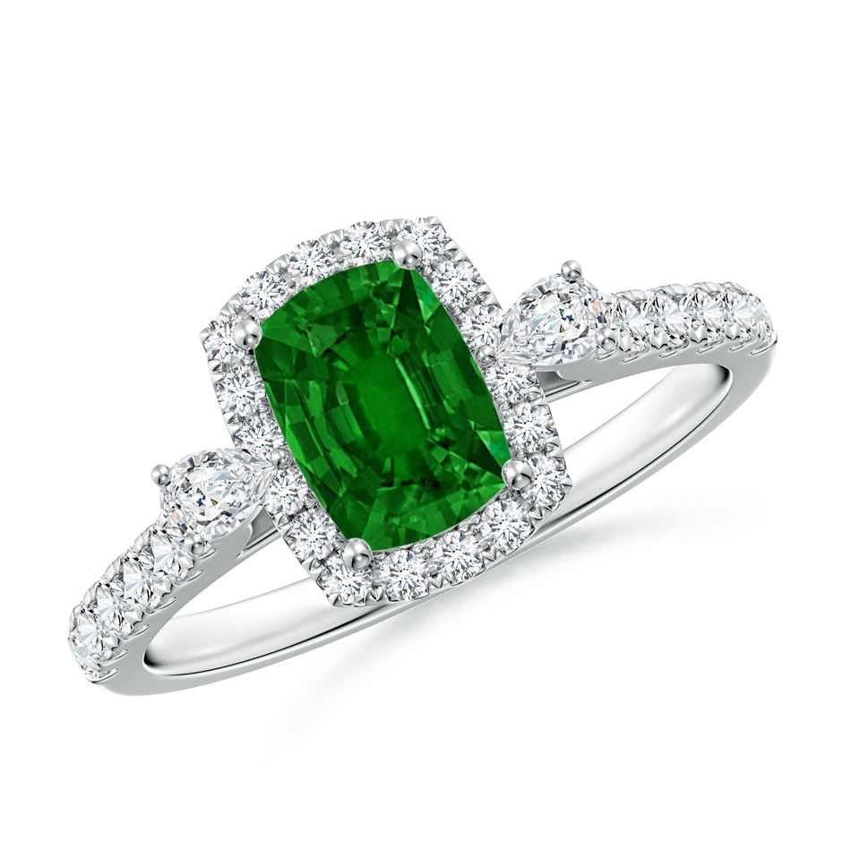 7x5mm AAAA Cushion Rectangular Emerald Halo Side Stone Engagement Ring in White Gold 