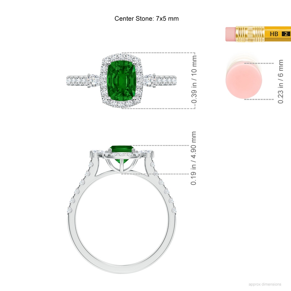 7x5mm AAAA Cushion Rectangular Emerald Halo Side Stone Engagement Ring in White Gold ruler