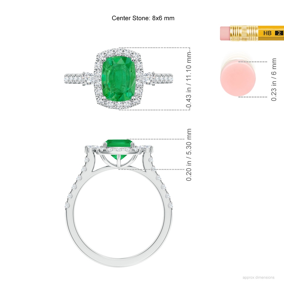 8x6mm AA Cushion Rectangular Emerald Halo Side Stone Engagement Ring in P950 Platinum ruler