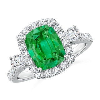 9x7mm AAA Cushion Rectangular Emerald Halo Side Stone Engagement Ring in P950 Platinum