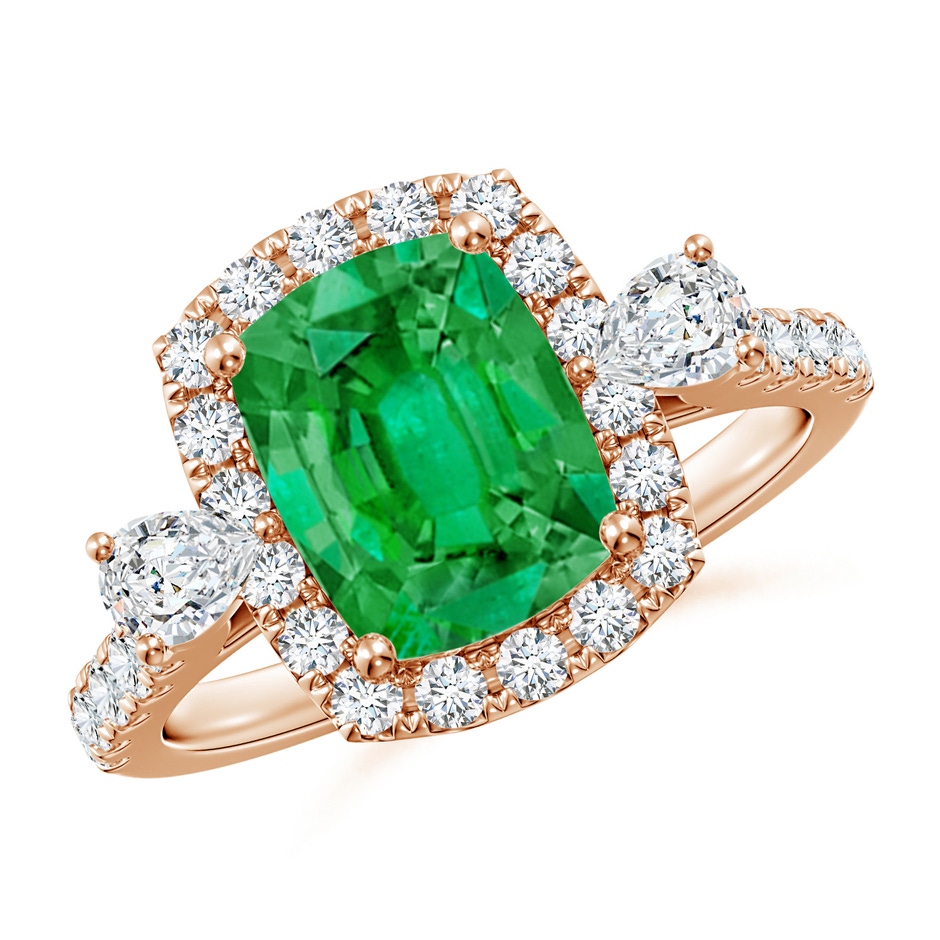 9x7mm AAA Cushion Rectangular Emerald Halo Side Stone Engagement Ring in Rose Gold 