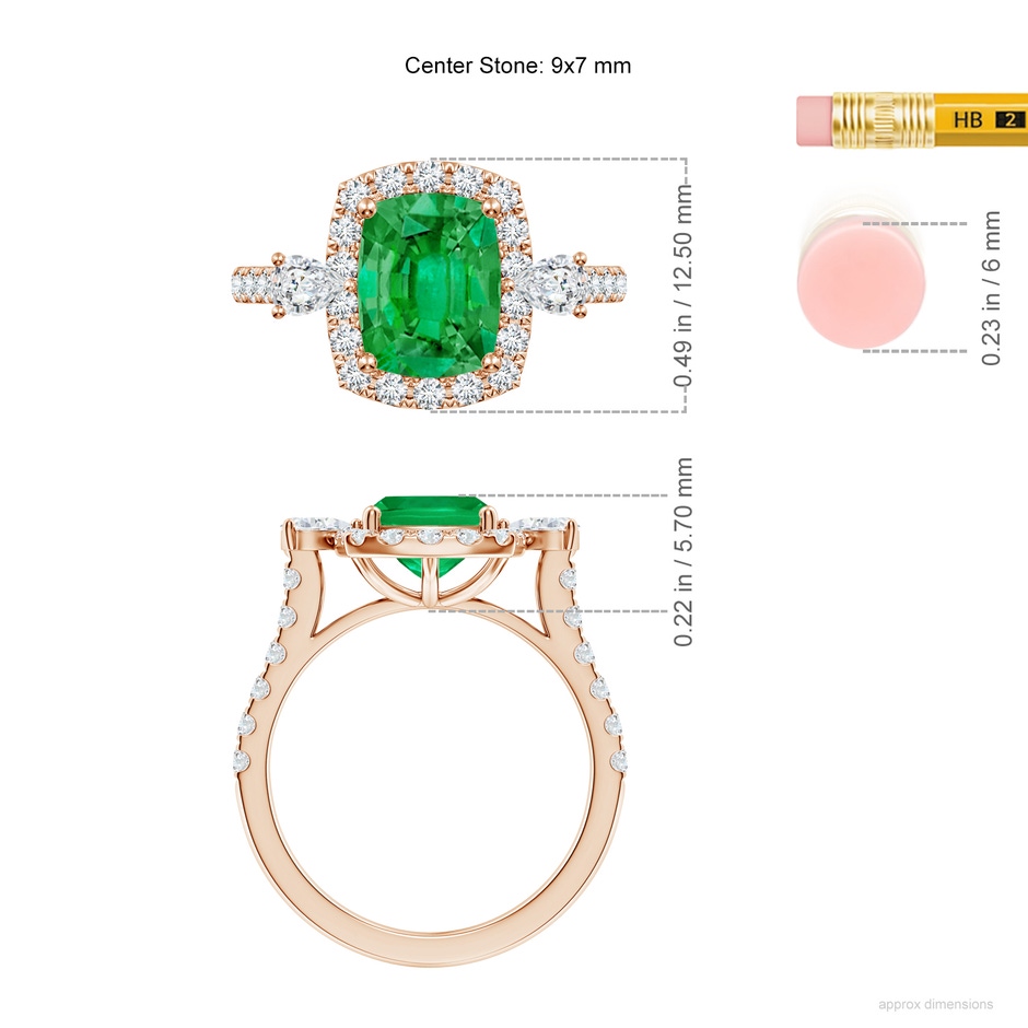 9x7mm AAA Cushion Rectangular Emerald Halo Side Stone Engagement Ring in Rose Gold ruler