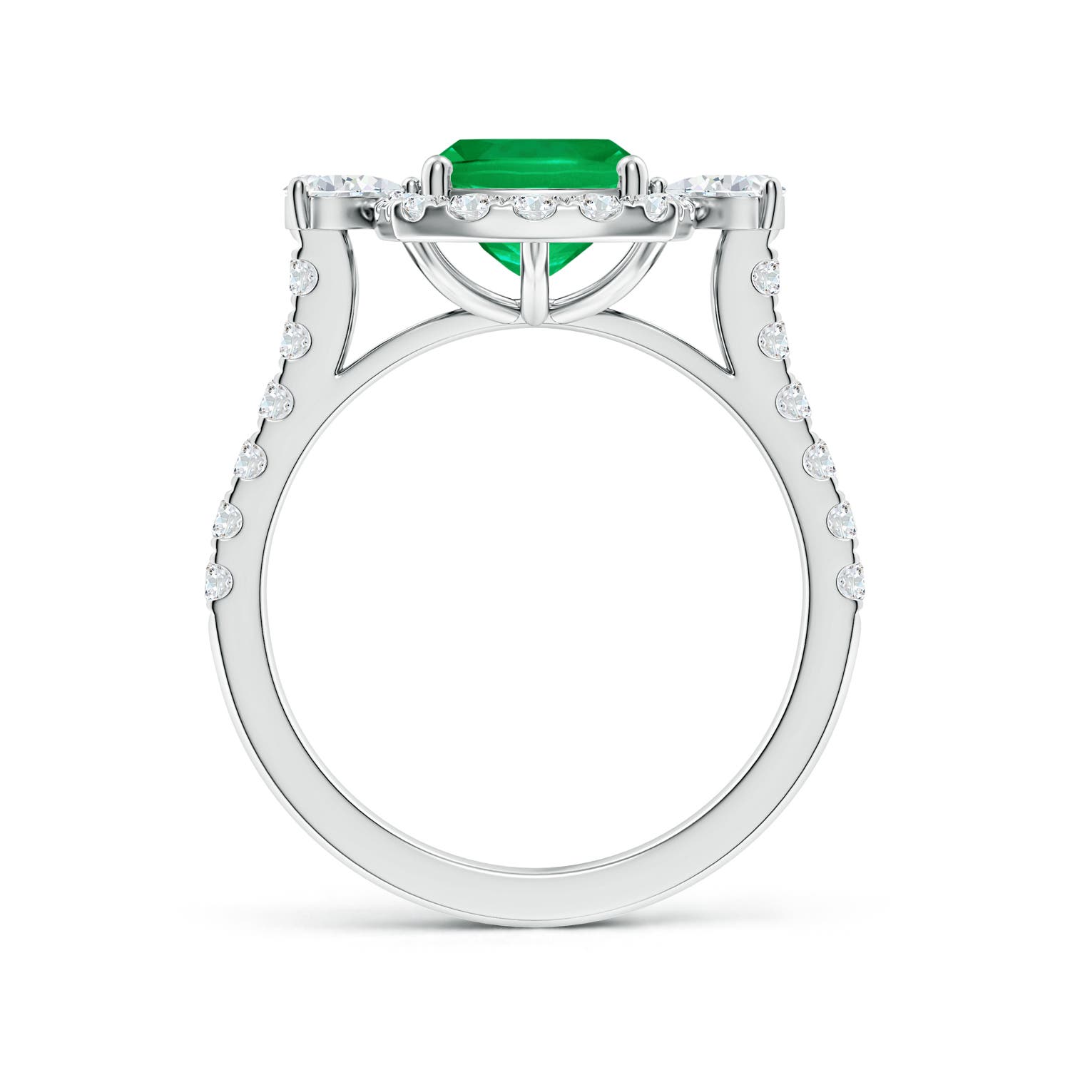 9x7mm AAA Cushion Rectangular Emerald Halo Side Stone Engagement Ring in White Gold - side 2