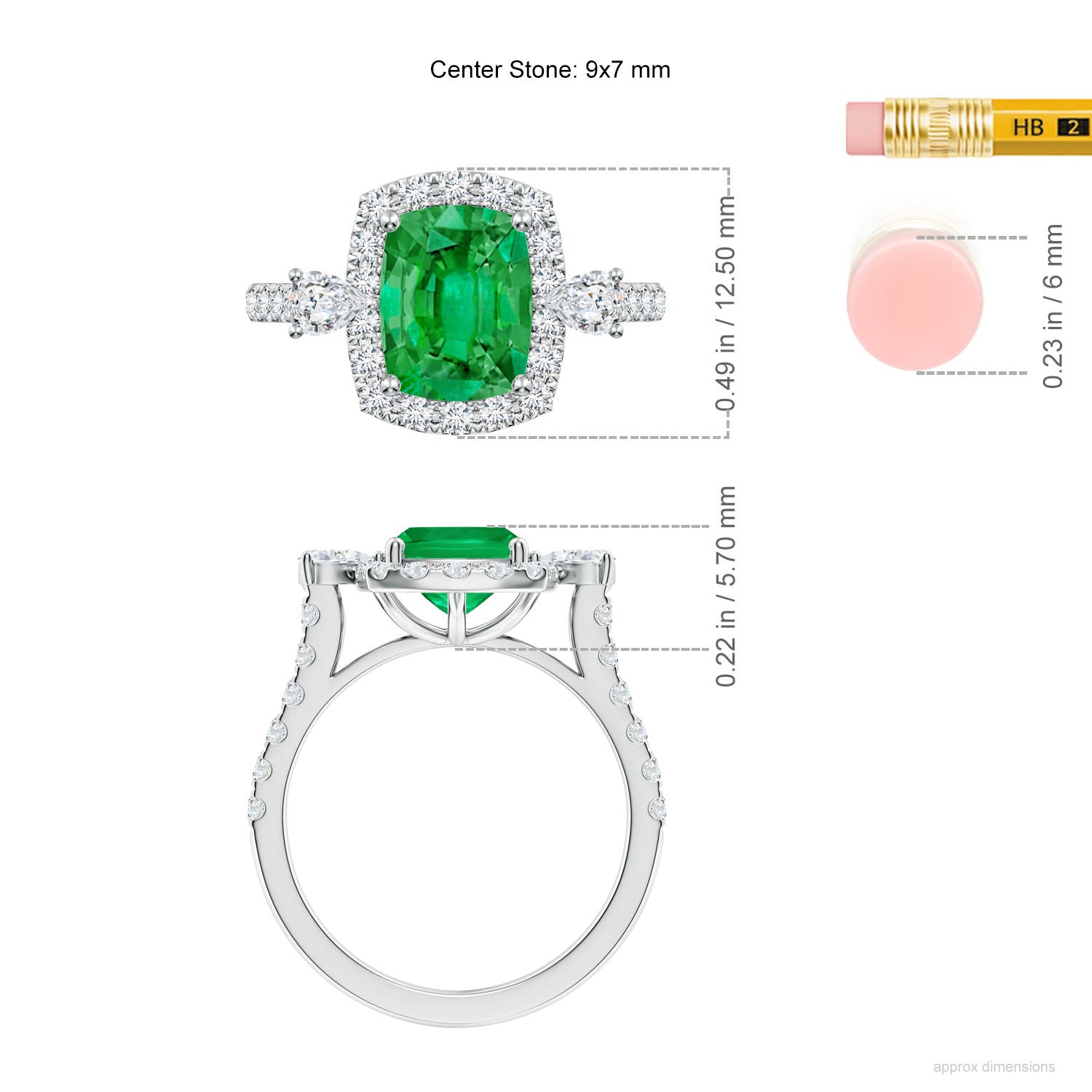 9x7mm AAA Cushion Rectangular Emerald Halo Side Stone Engagement Ring in White Gold - ruler