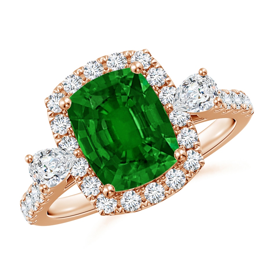 9x7mm AAAA Cushion Rectangular Emerald Halo Side Stone Engagement Ring in Rose Gold 